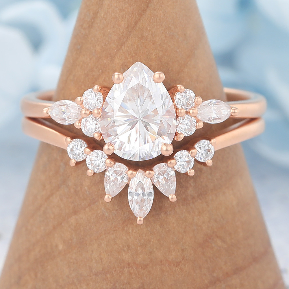 Matte Finish Pear Cut Moissanite Cluster Engagement Ring Set