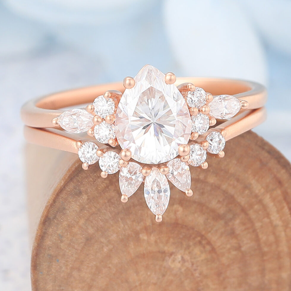 Matte Finish Pear Cut Moissanite Cluster Engagement Ring Set