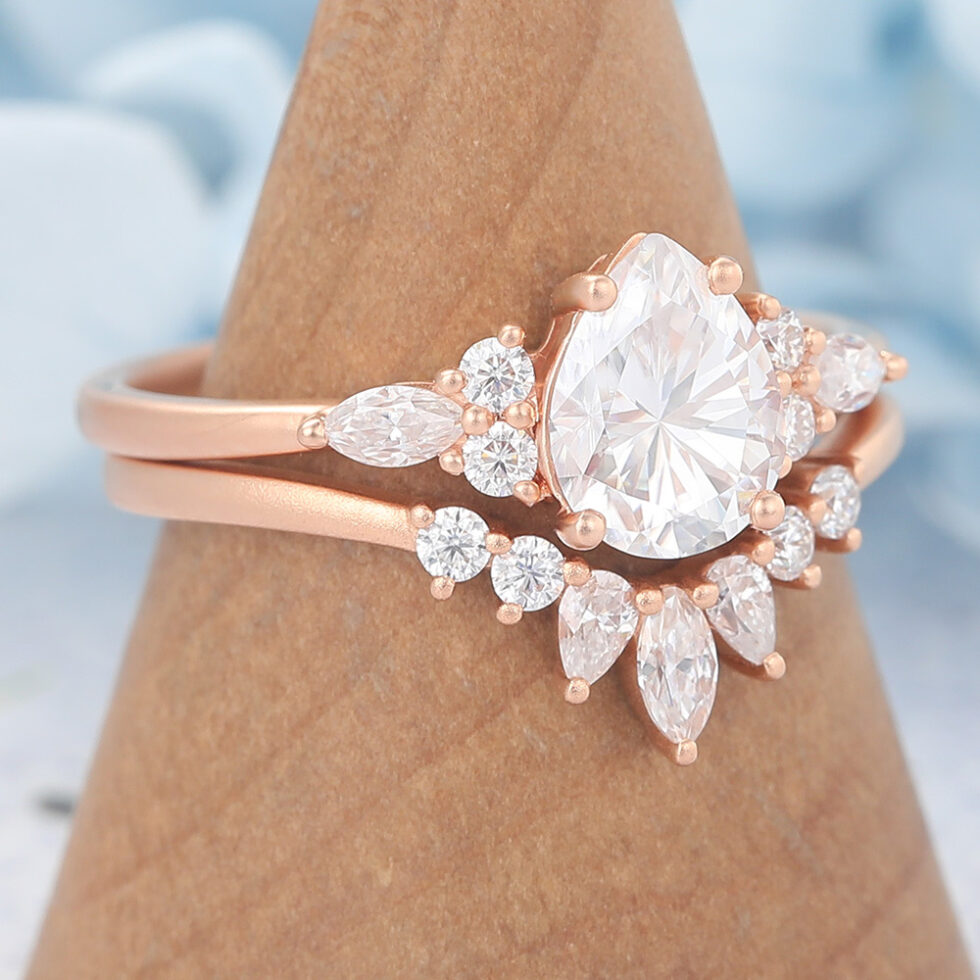 Matte Finish Pear Cut Moissanite Cluster Engagement Ring Set