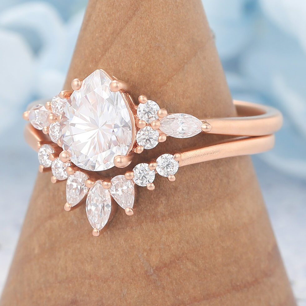 Matte Finish Pear Cut Moissanite Cluster Engagement Ring Set