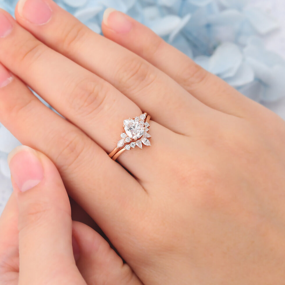 Matte Finish Pear Cut Moissanite Cluster Engagement Ring Set