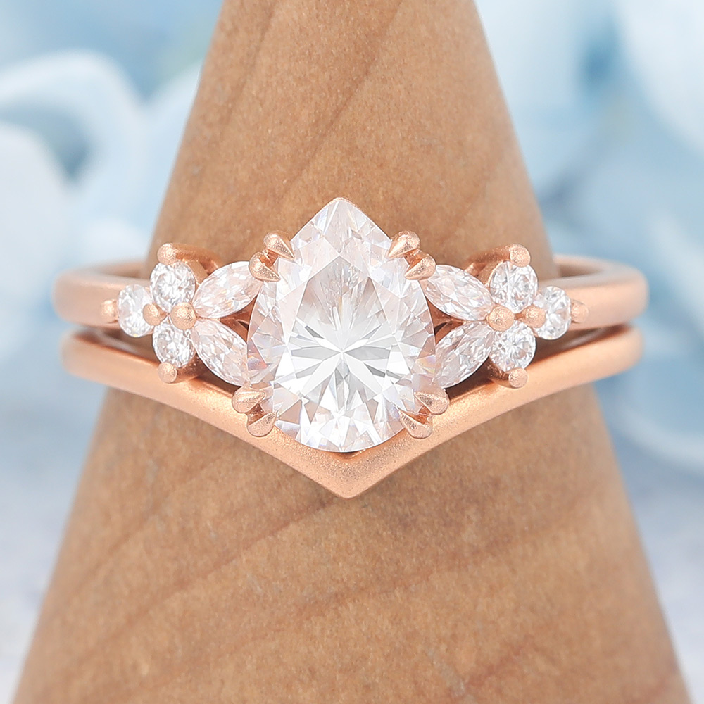Matte Finish Pear Cut Moissanite Engagement Ring Set with Floral Accent