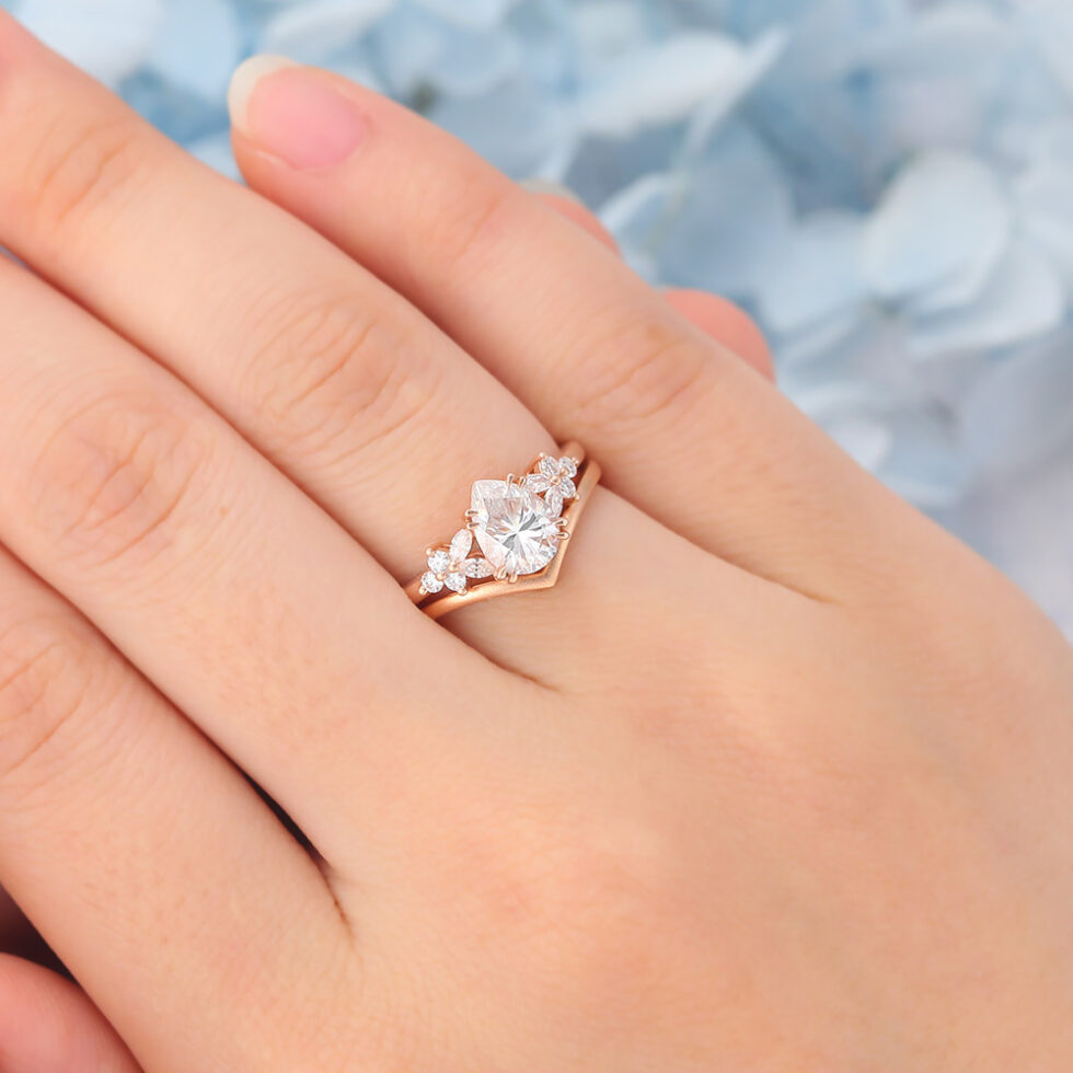 Matte Finish Pear Cut Moissanite Engagement Ring Set with Floral Accent