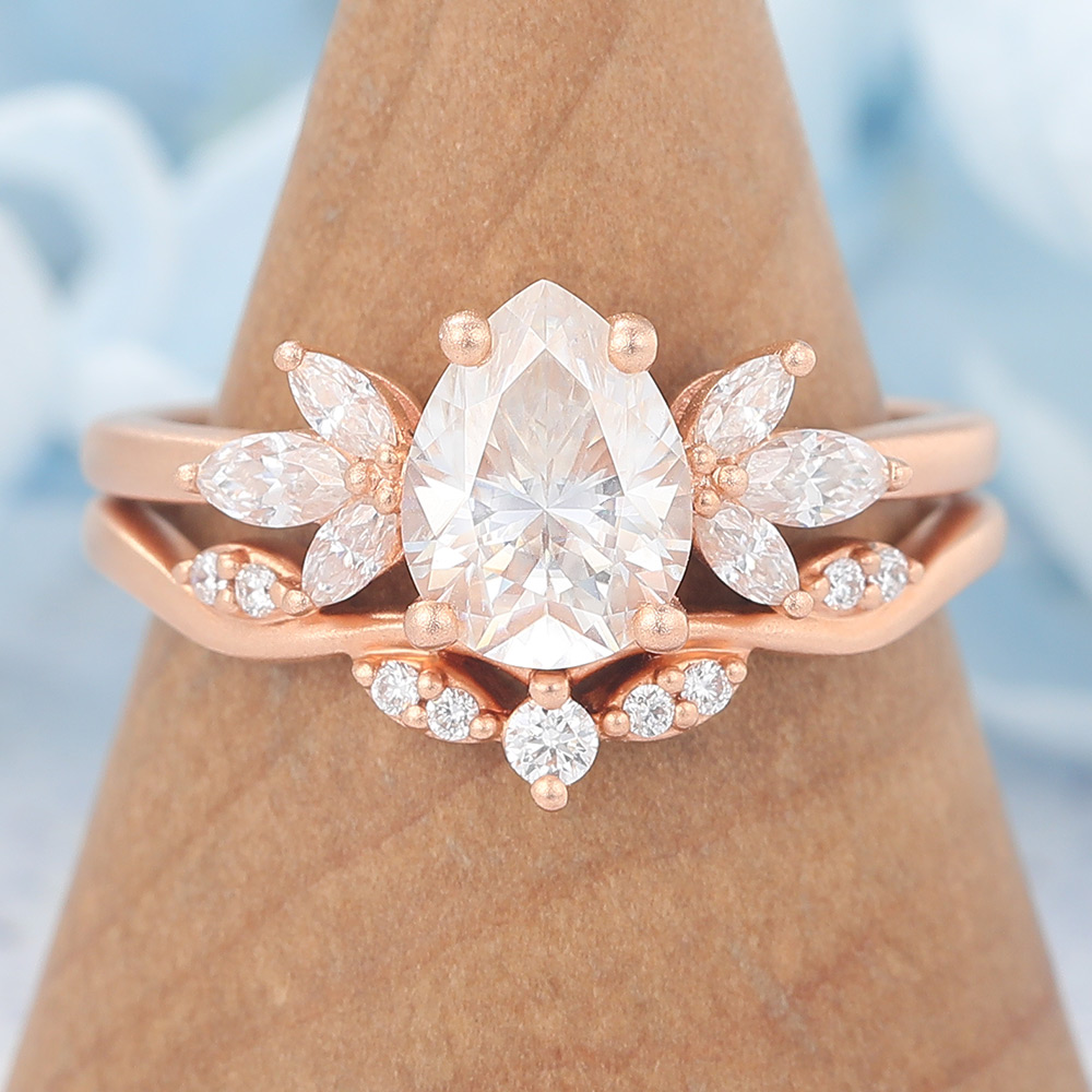 Matte Finish Pear Cut Moissanite Engagement Ring Set