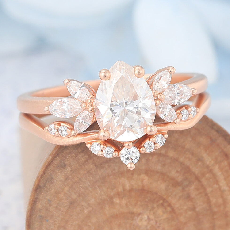 Matte Finish Pear Cut Moissanite Engagement Ring Set