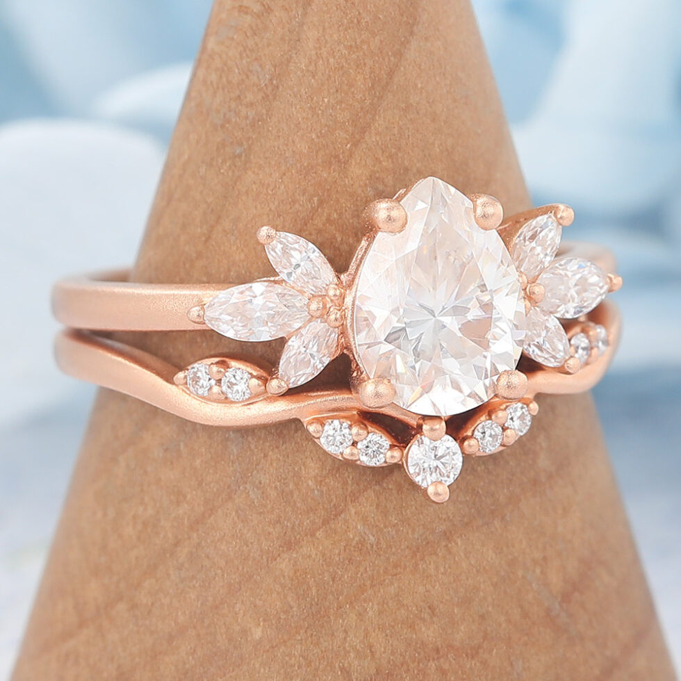 Matte Finish Pear Cut Moissanite Engagement Ring Set