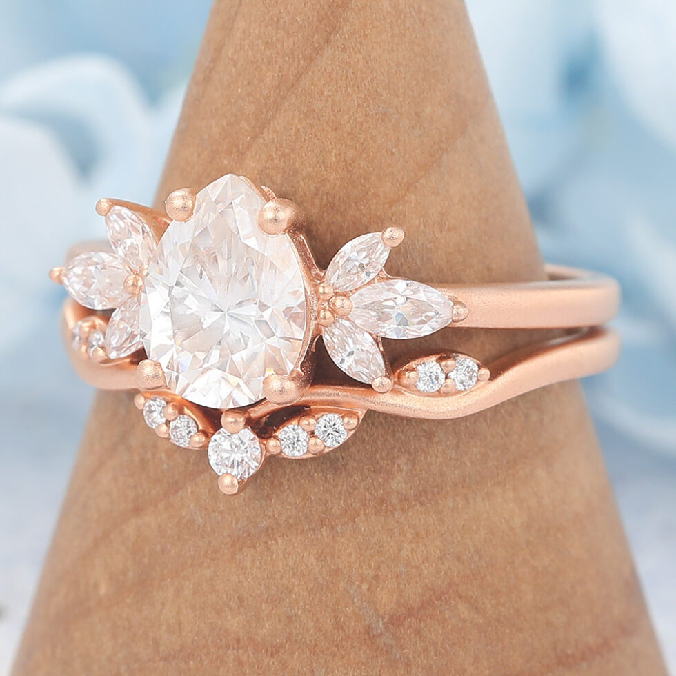 Matte Finish Pear Cut Moissanite Engagement Ring Set