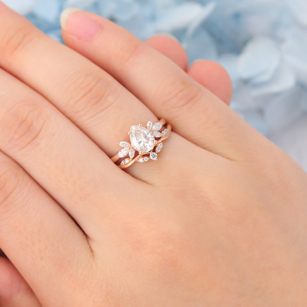 Matte Finish Pear Cut Moissanite Engagement Ring Set