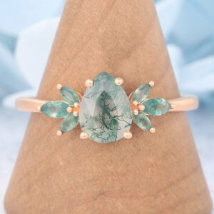 Matte Finish Pear Cut Moss Agate Engagement Ring with Marquise Accented