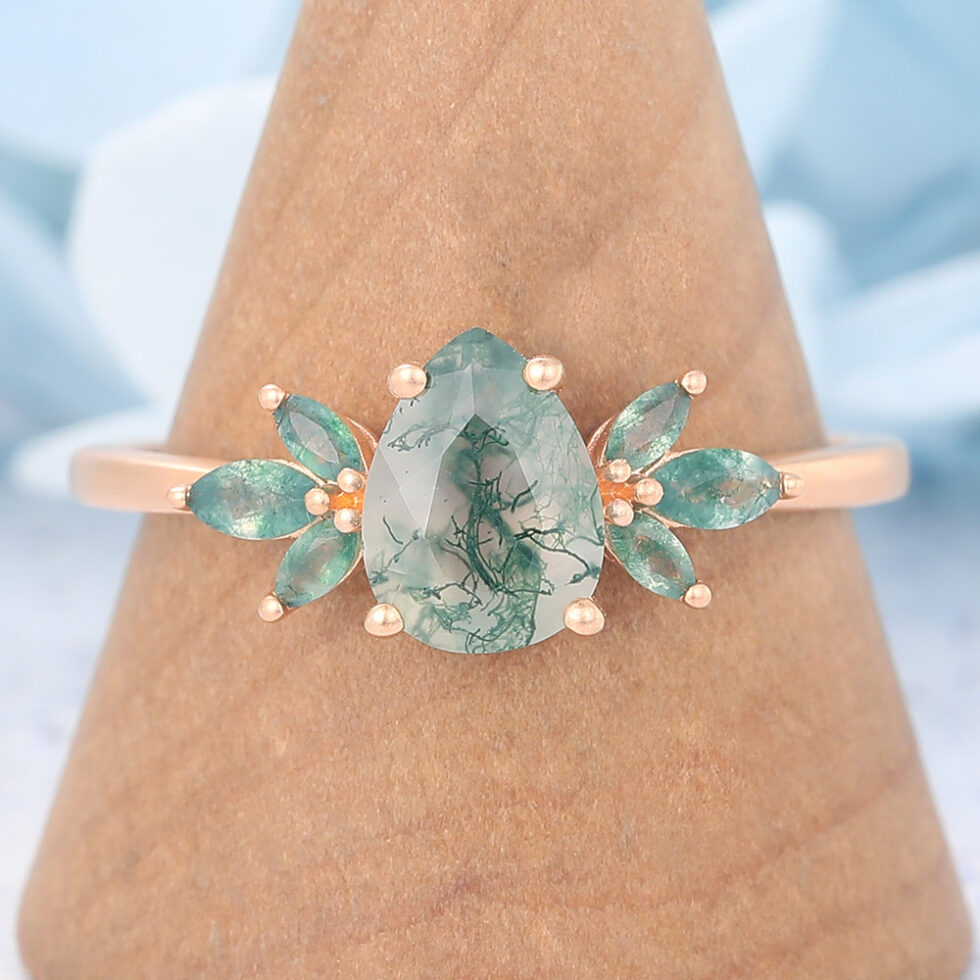 Matte Finish Pear Cut Moss Agate Engagement Ring with Marquise Accented