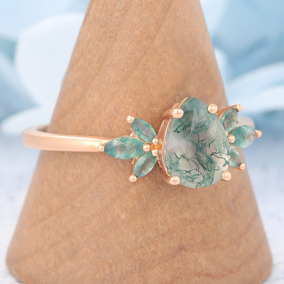 Matte Finish Pear Cut Moss Agate Engagement Ring with Marquise Accented