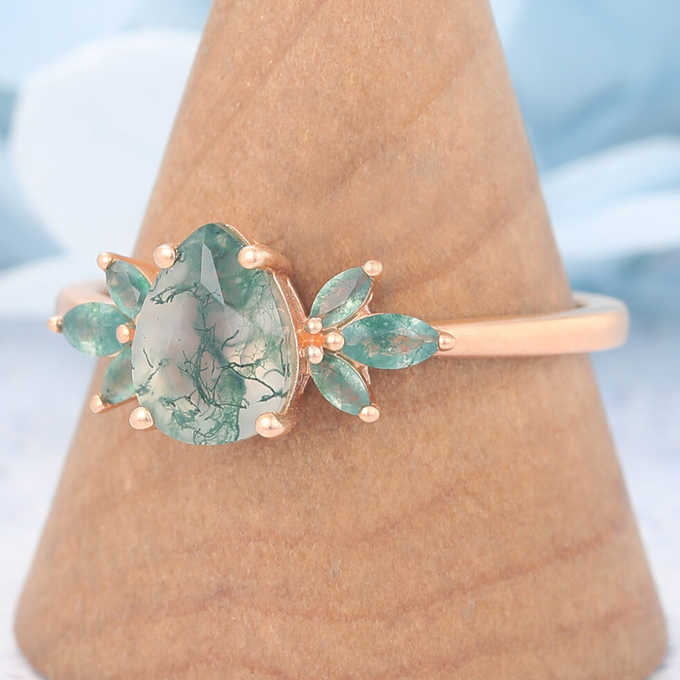 Matte Finish Pear Cut Moss Agate Engagement Ring with Marquise Accented