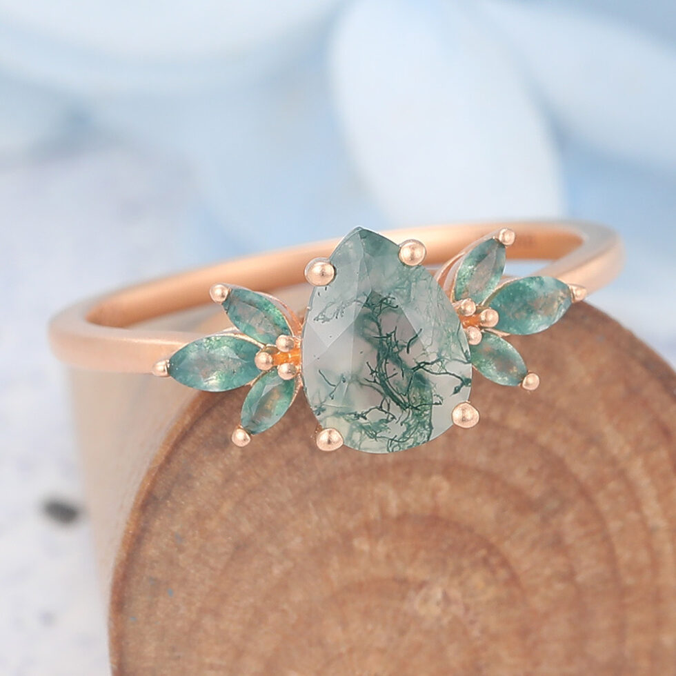 Matte Finish Pear Cut Moss Agate Engagement Ring with Marquise Accented