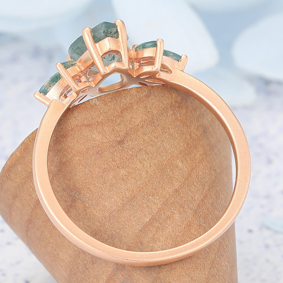 Matte Finish Pear Cut Moss Agate Engagement Ring with Marquise Accented