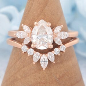 Vintage Matte Finish Pear Cut Moissanite Engagement Ring Set
