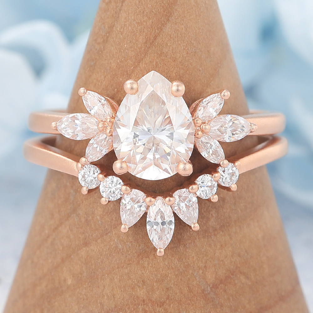 Vintage Matte Finish Pear Cut Moissanite Engagement Ring Set