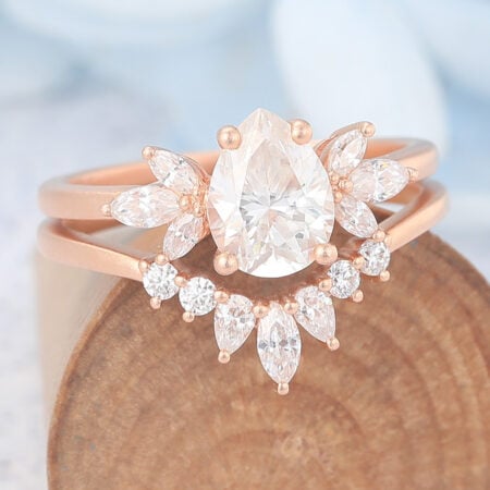 Vintage Matte Finish Pear Cut Moissanite Engagement Ring Set