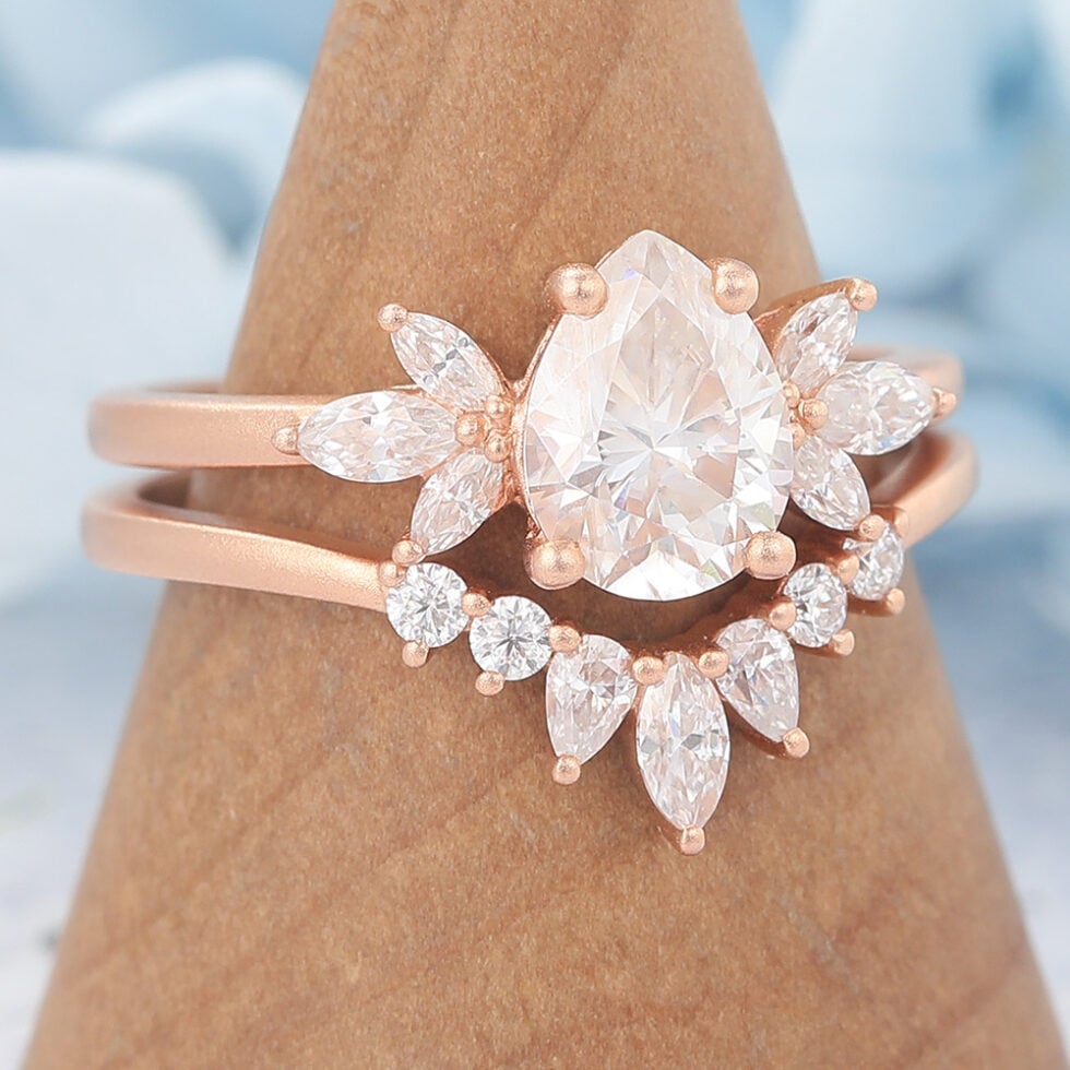 Vintage Matte Finish Pear Cut Moissanite Engagement Ring Set