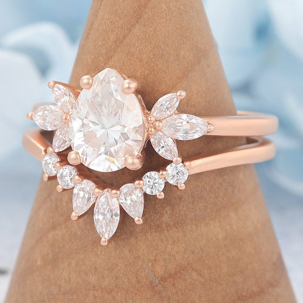 Vintage Matte Finish Pear Cut Moissanite Engagement Ring Set