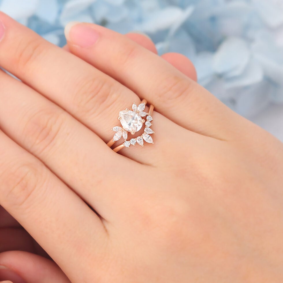 Vintage Matte Finish Pear Cut Moissanite Engagement Ring Set