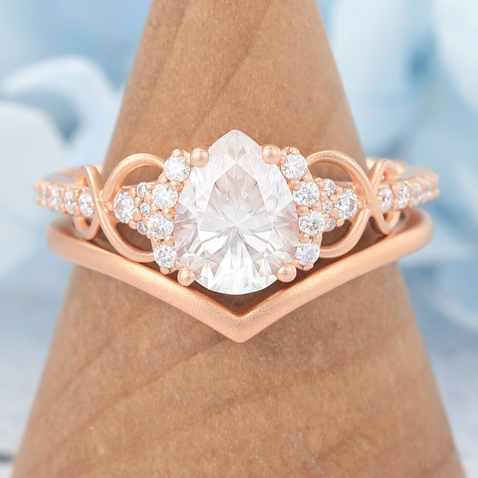 Matte Finish Pear Cut Moissanite Bridal Ring Set Solid Matching Band