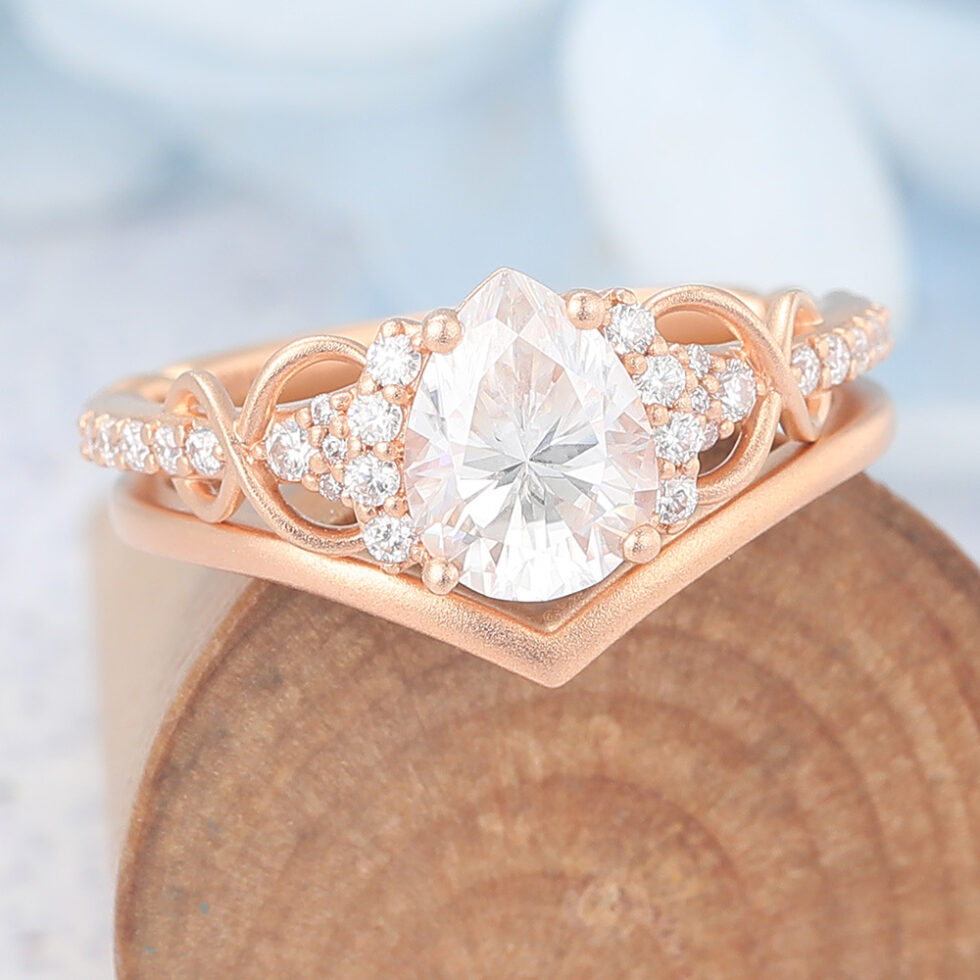 Matte Finish Pear Cut Moissanite Bridal Ring Set Solid Matching Band