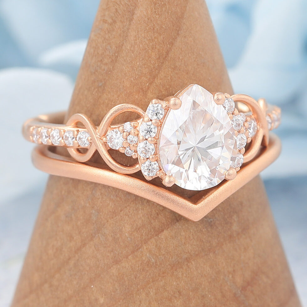 Matte Finish Pear Cut Moissanite Bridal Ring Set Solid Matching Band