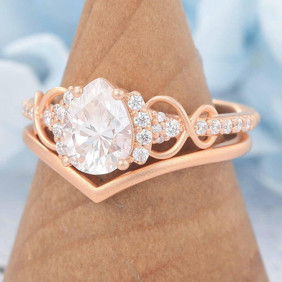 Matte Finish Pear Cut Moissanite Bridal Ring Set Solid Matching Band