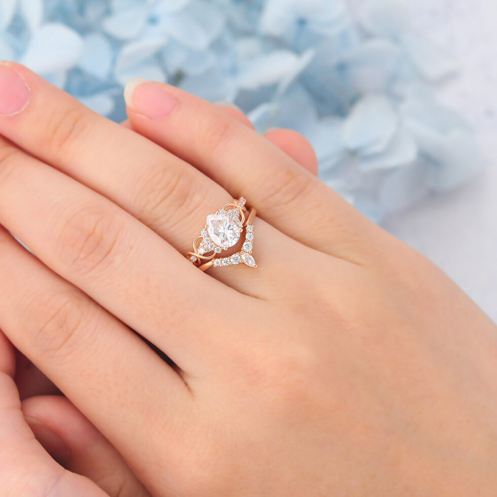 Matte Finish Pear Cut Moissanite Bridal Ring Set Solid Matching Band