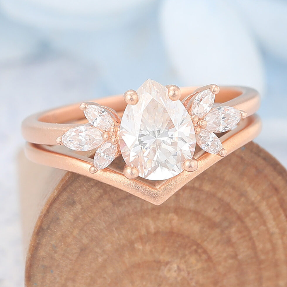 Matte Finish Pear Cut Moissanite Engagement Ring Set Solid Wedding Band