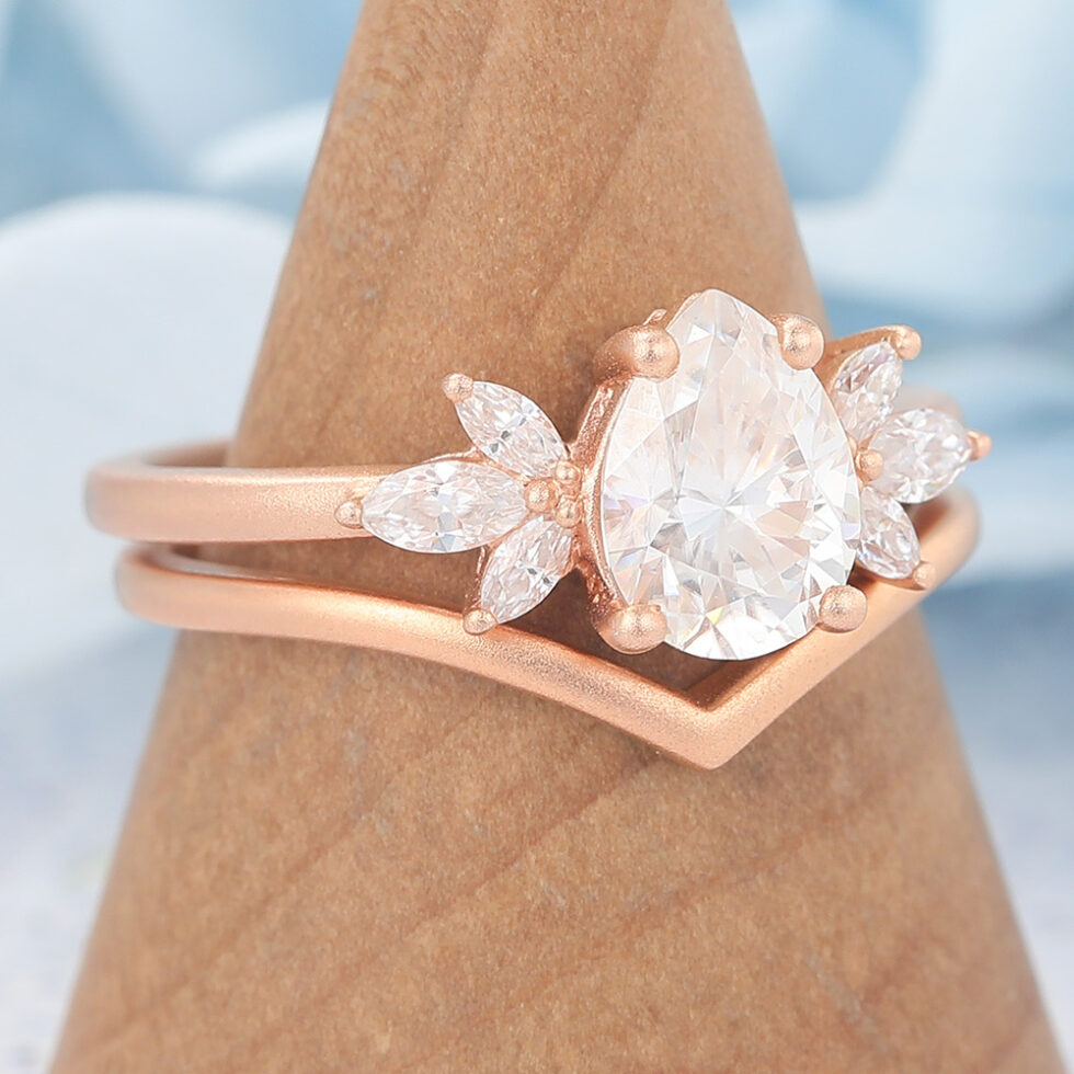 Matte Finish Pear Cut Moissanite Engagement Ring Set Solid Wedding Band