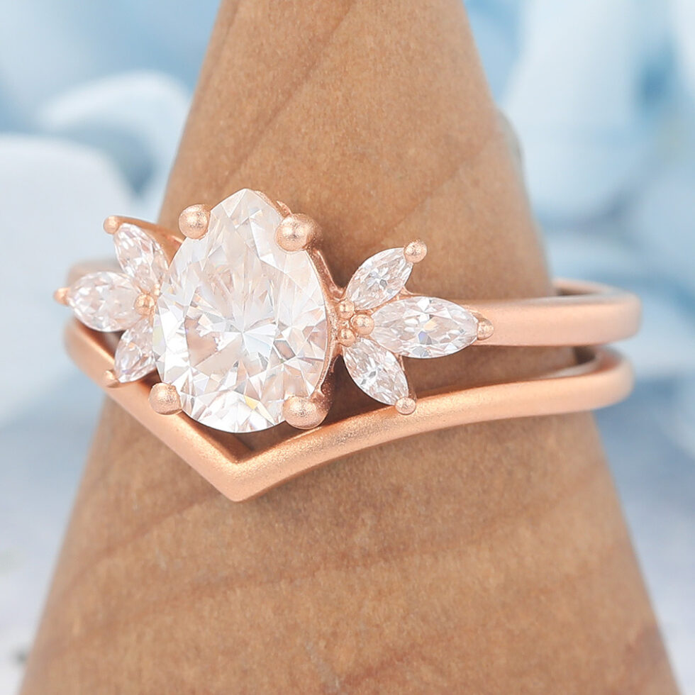 Matte Finish Pear Cut Moissanite Engagement Ring Set Solid Wedding Band