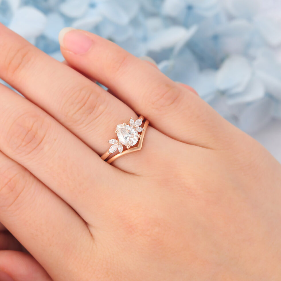 Matte Finish Pear Cut Moissanite Engagement Ring Set Solid Wedding Band