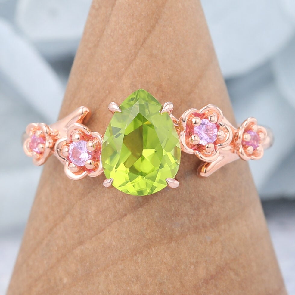 Pear Cut Peridot Engagement Ring Natural-Inspired Band