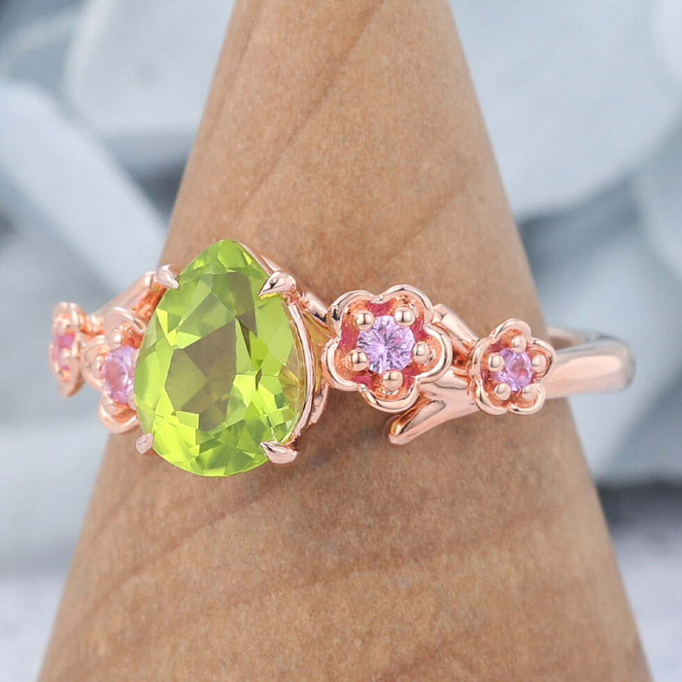 Pear Cut Peridot Engagement Ring Natural-Inspired Band