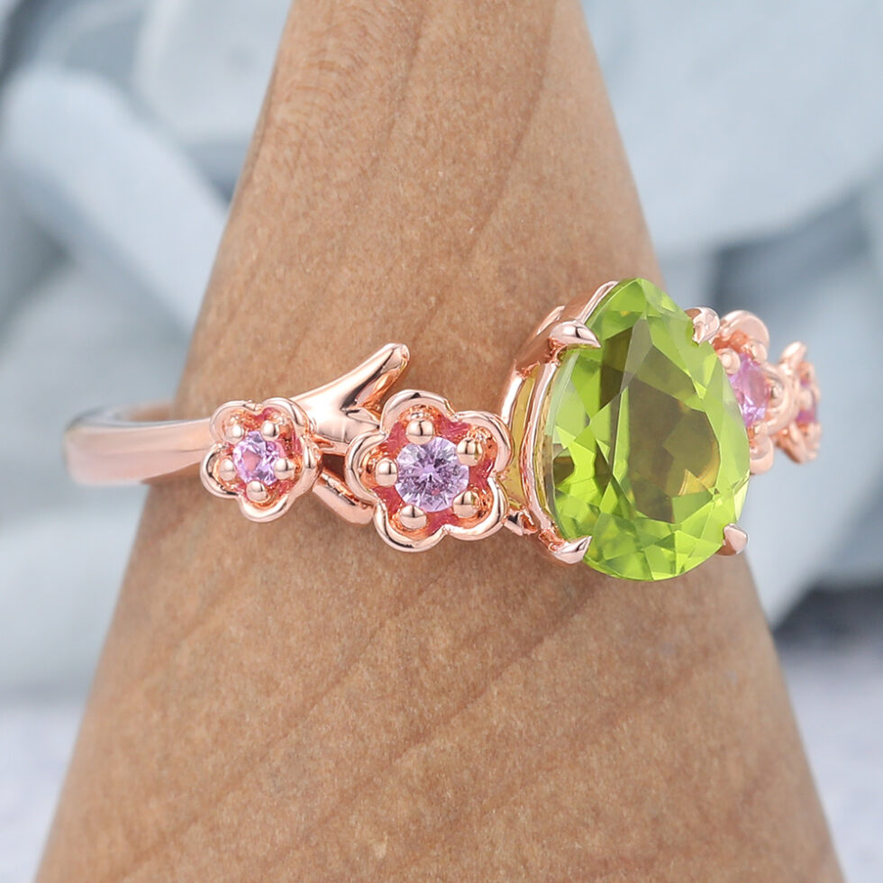 Pear Cut Peridot Engagement Ring Natural-Inspired Band