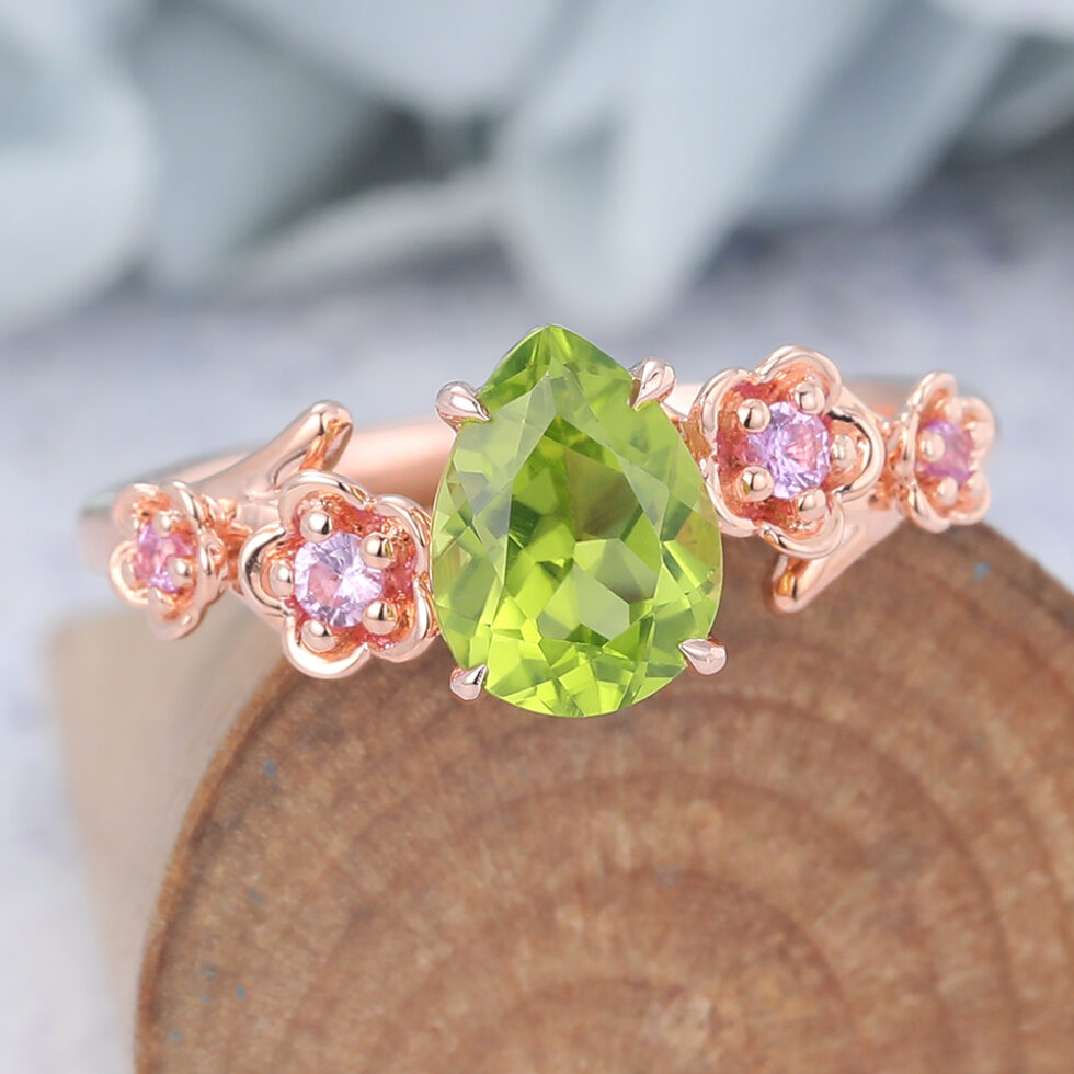 Pear Cut Peridot Engagement Ring Natural-Inspired Band