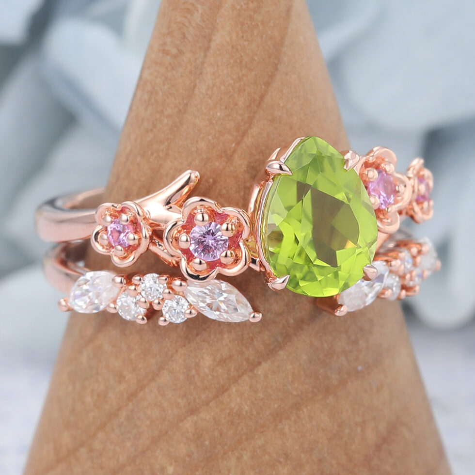 Pear Cut Peridot Nature-Inspired Bridal Ring Set with Pink Sapphire Accents