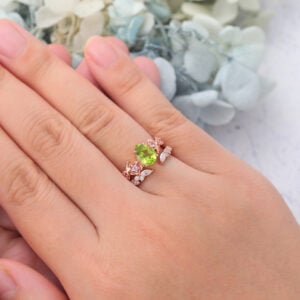 Pear Cut Peridot Nature-Inspired Bridal Ring Set with Pink Sapphire Accents