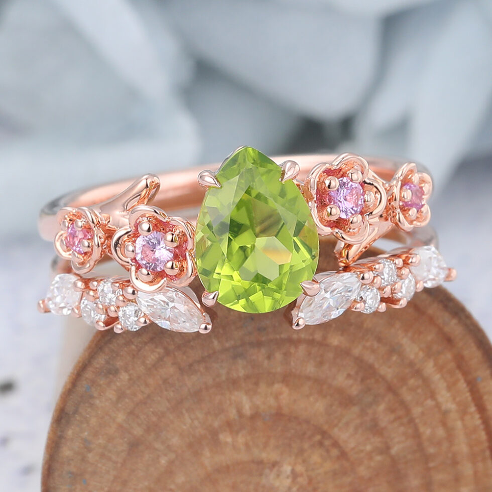 Pear Cut Peridot Nature-Inspired Bridal Ring Set with Pink Sapphire Accents