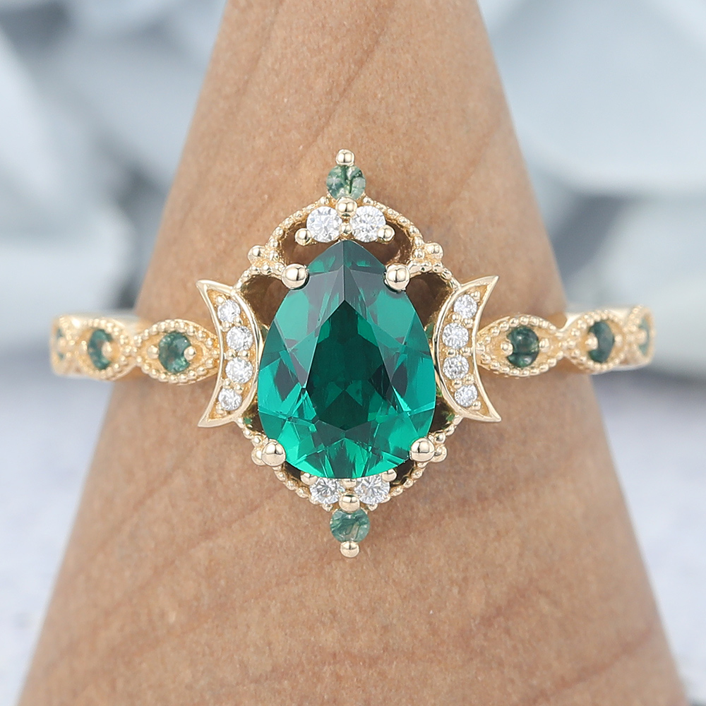 Pear Shaped Lab Emerald Engagement Ring Vintage Beaded Design