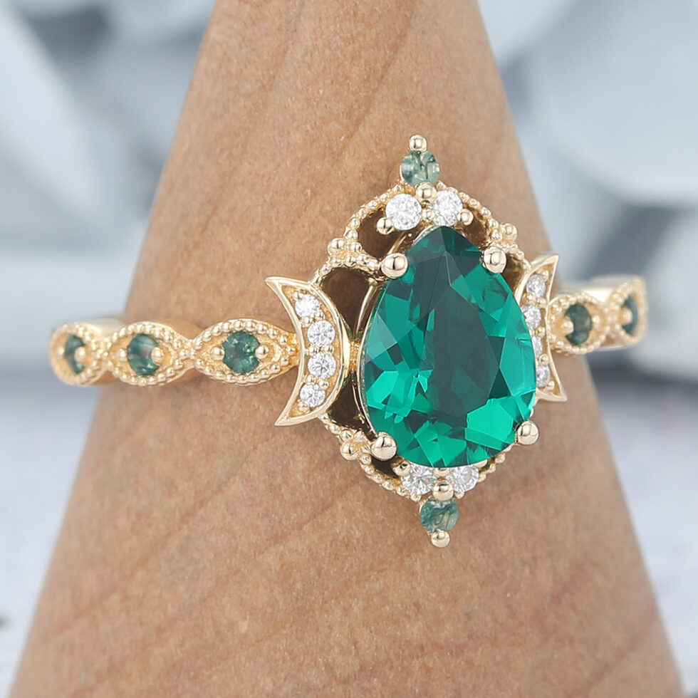 Pear Shaped Lab Emerald Engagement Ring Vintage Beaded Design