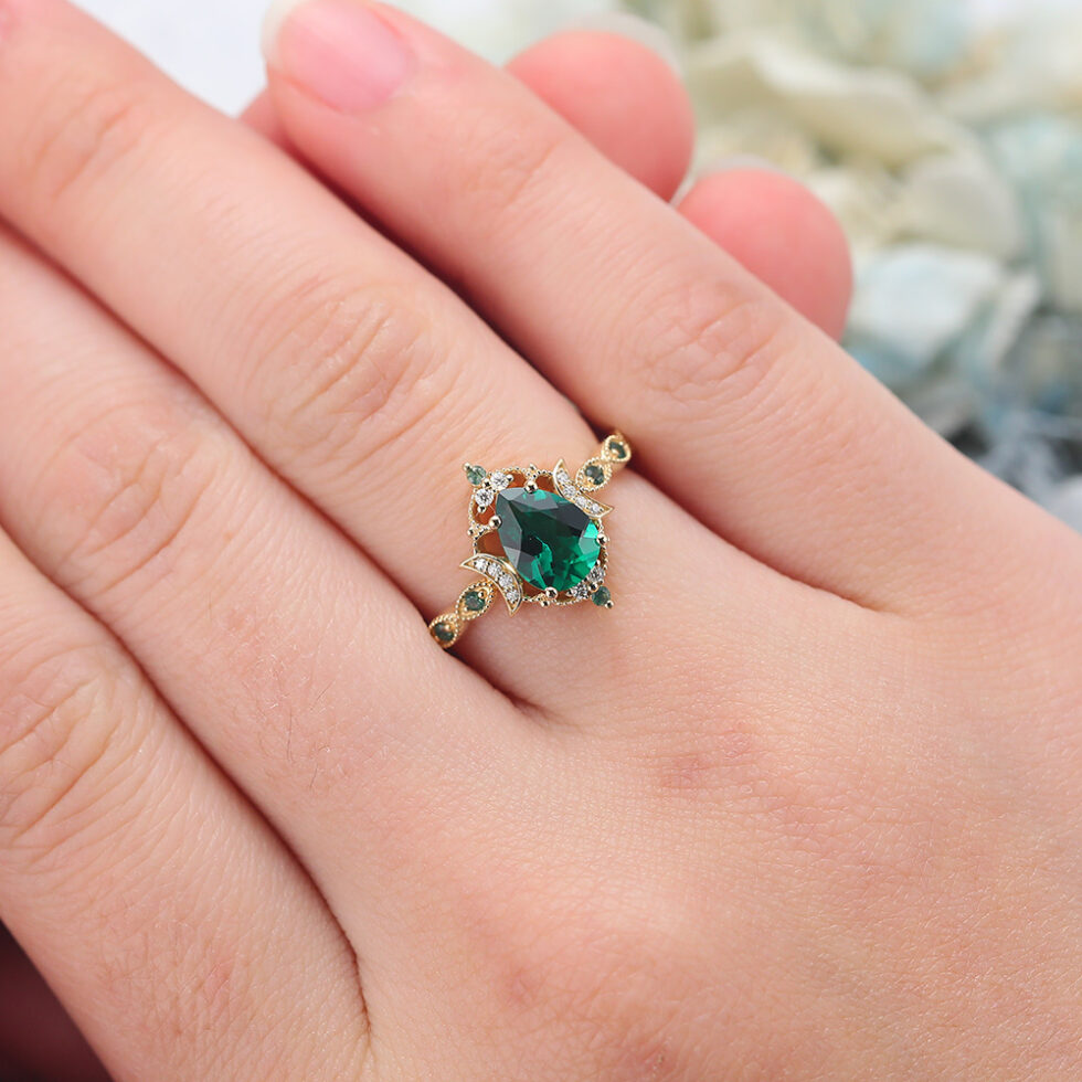 Pear Shaped Lab Emerald Engagement Ring Vintage Beaded Design