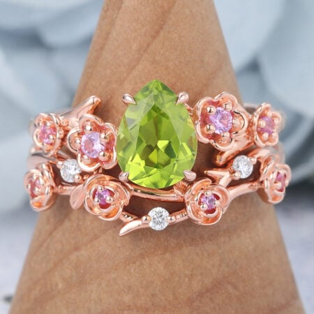 Pear Shaped Peridot Bridal Ring Set Nature-Inspired Engagement Ring