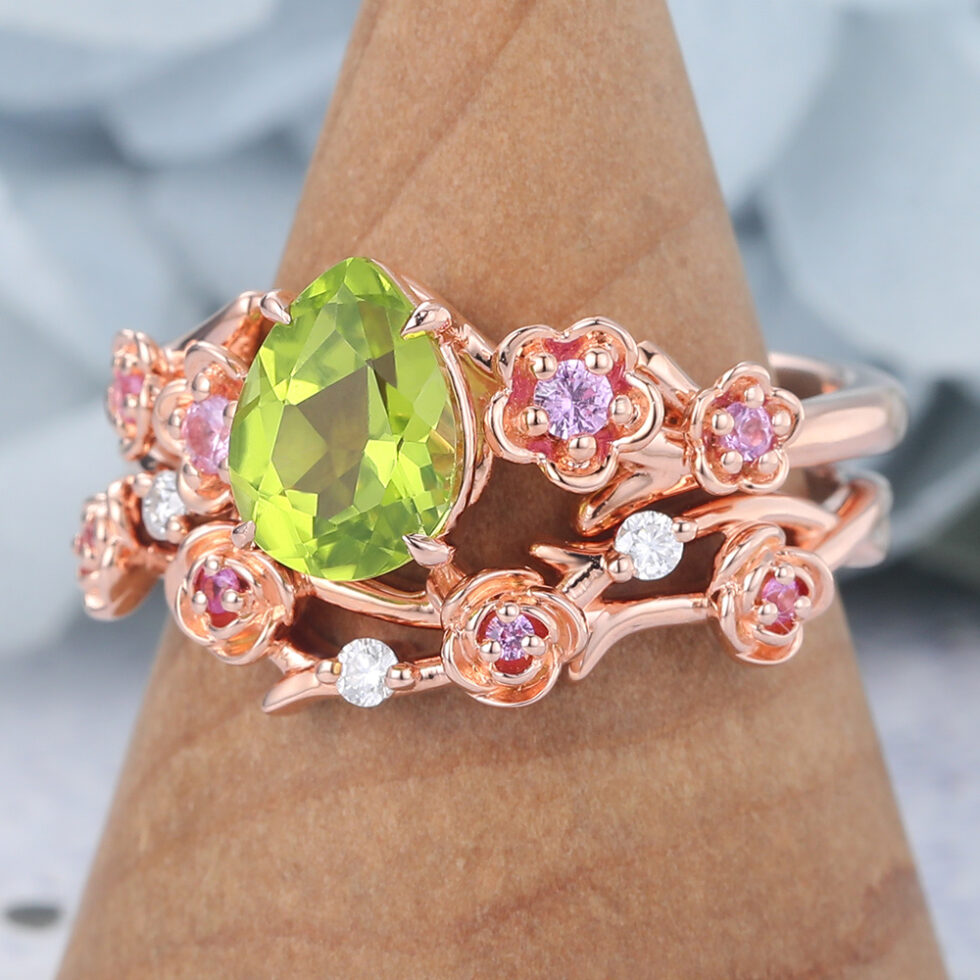 Pear Shaped Peridot Bridal Ring Set Nature-Inspired Engagement Ring