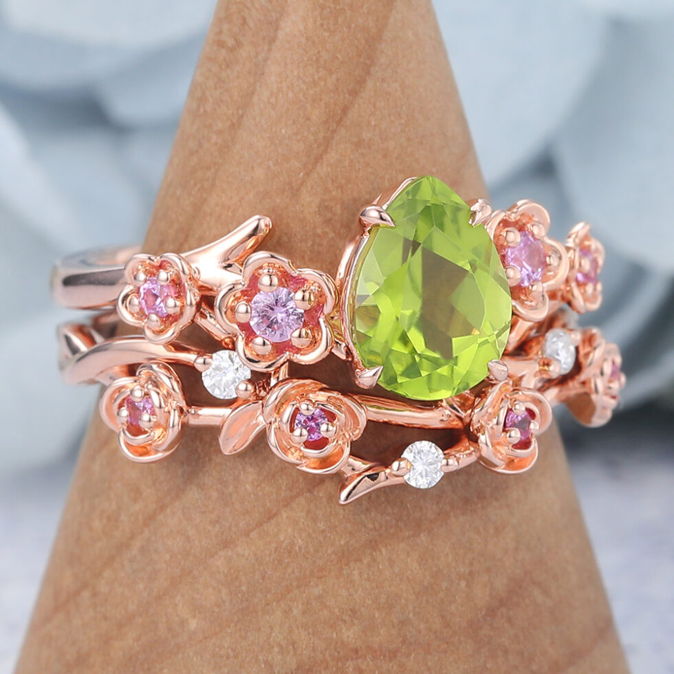 Pear Shaped Peridot Bridal Ring Set Nature-Inspired Engagement Ring