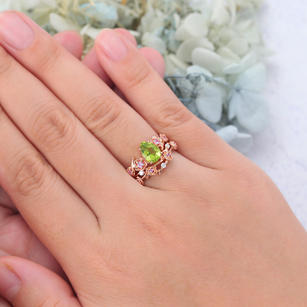 Pear Shaped Peridot Bridal Ring Set Nature-Inspired Engagement Ring