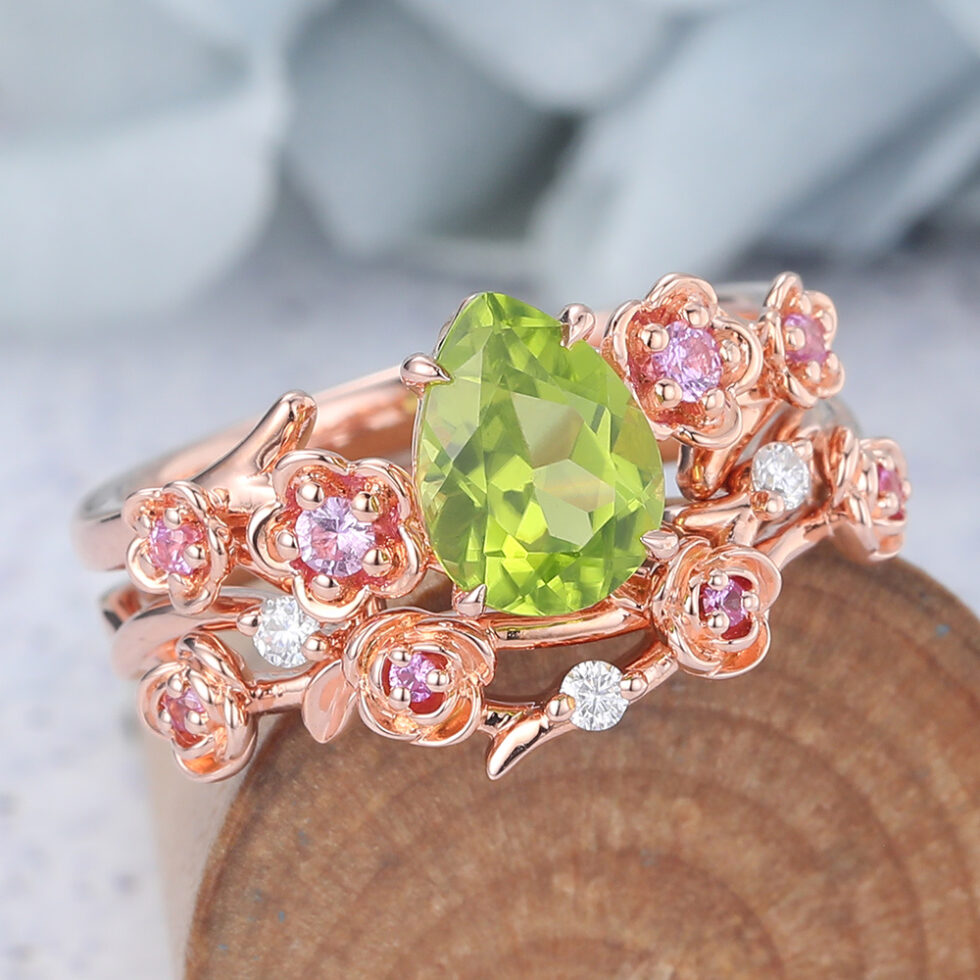 Pear Shaped Peridot Bridal Ring Set Nature-Inspired Engagement Ring