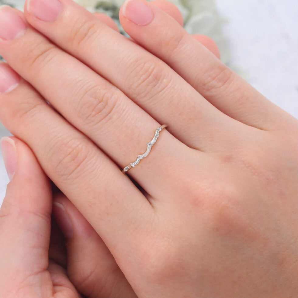 Petite Moissanite Curved Wedding Band Unique Stacking Ring