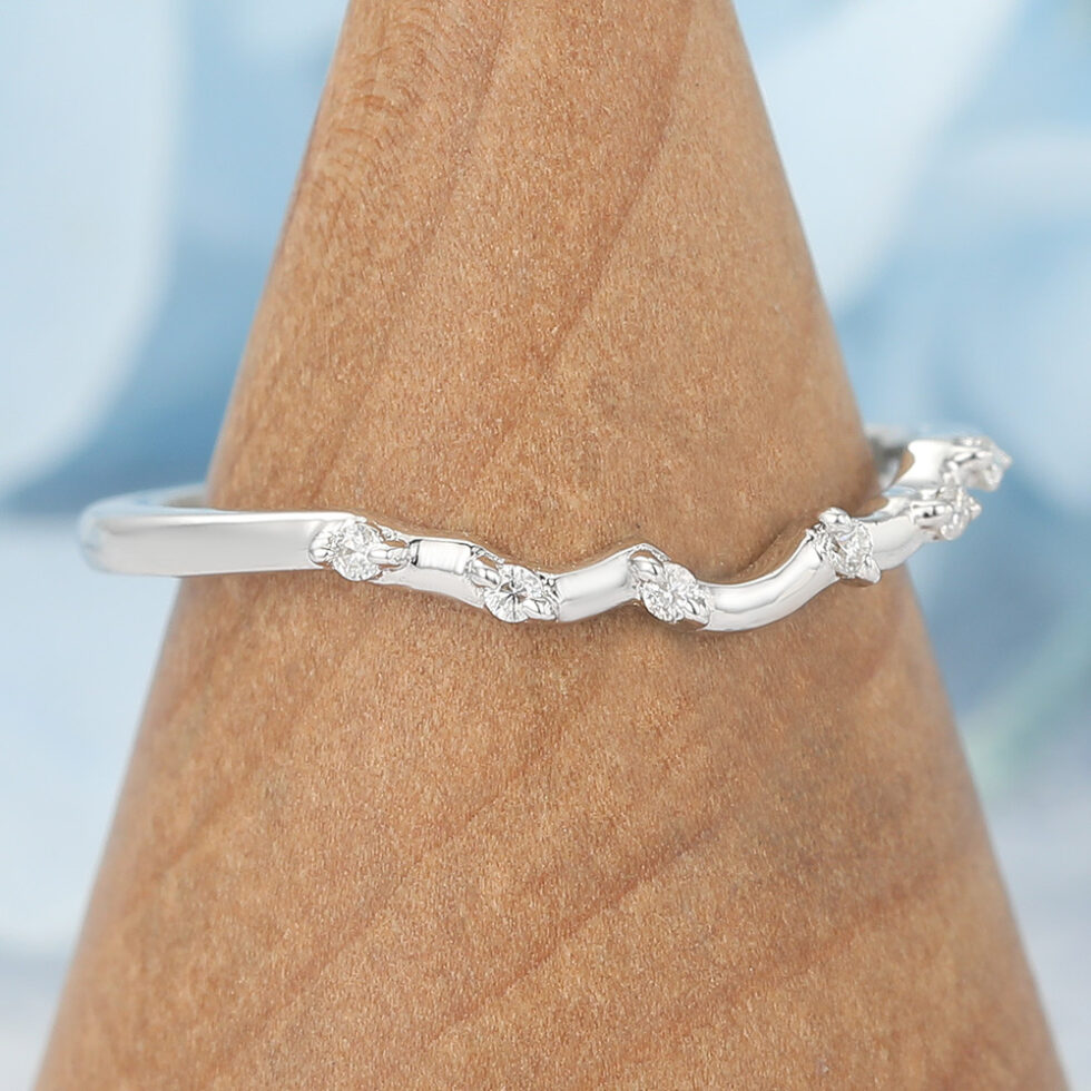 Petite Moissanite Curved Wedding Band Unique Stacking Ring